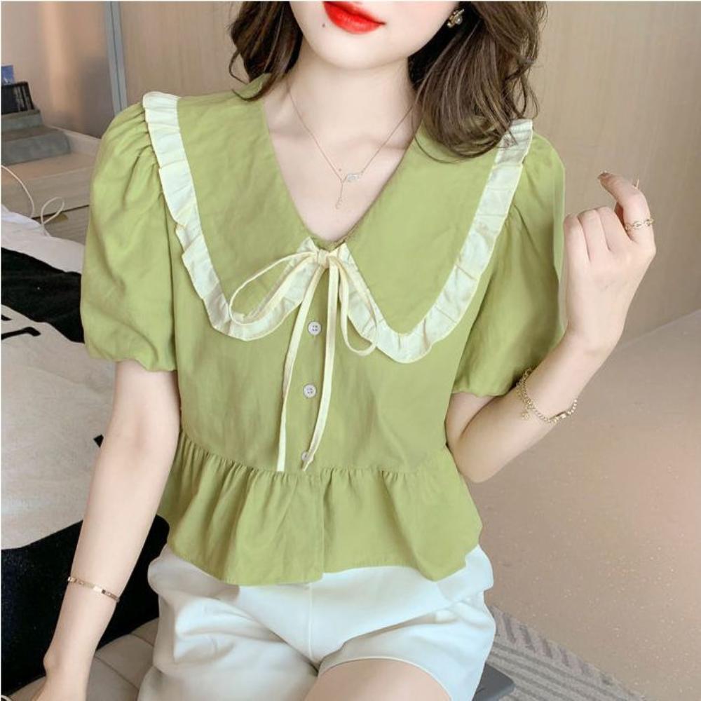 Koszula damska z dekoltem typu łódka, krótkim rękawem, top, krótki, falbanki, dopasowany krój, szyfon