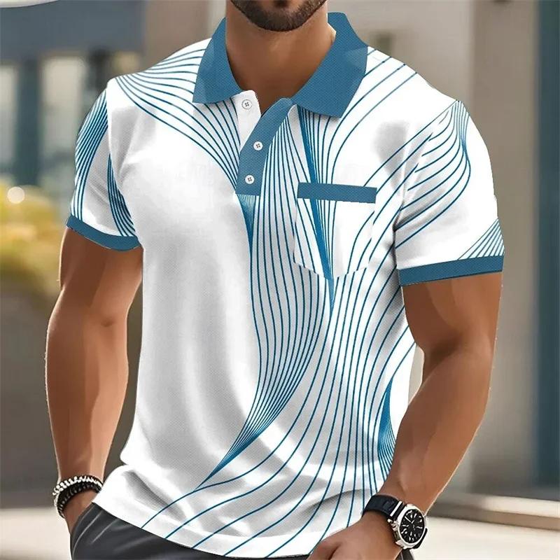 Stylisches geometrisches Linienmuster Kurzarm-Poloshirt mit Tasche, lässig und trendig.