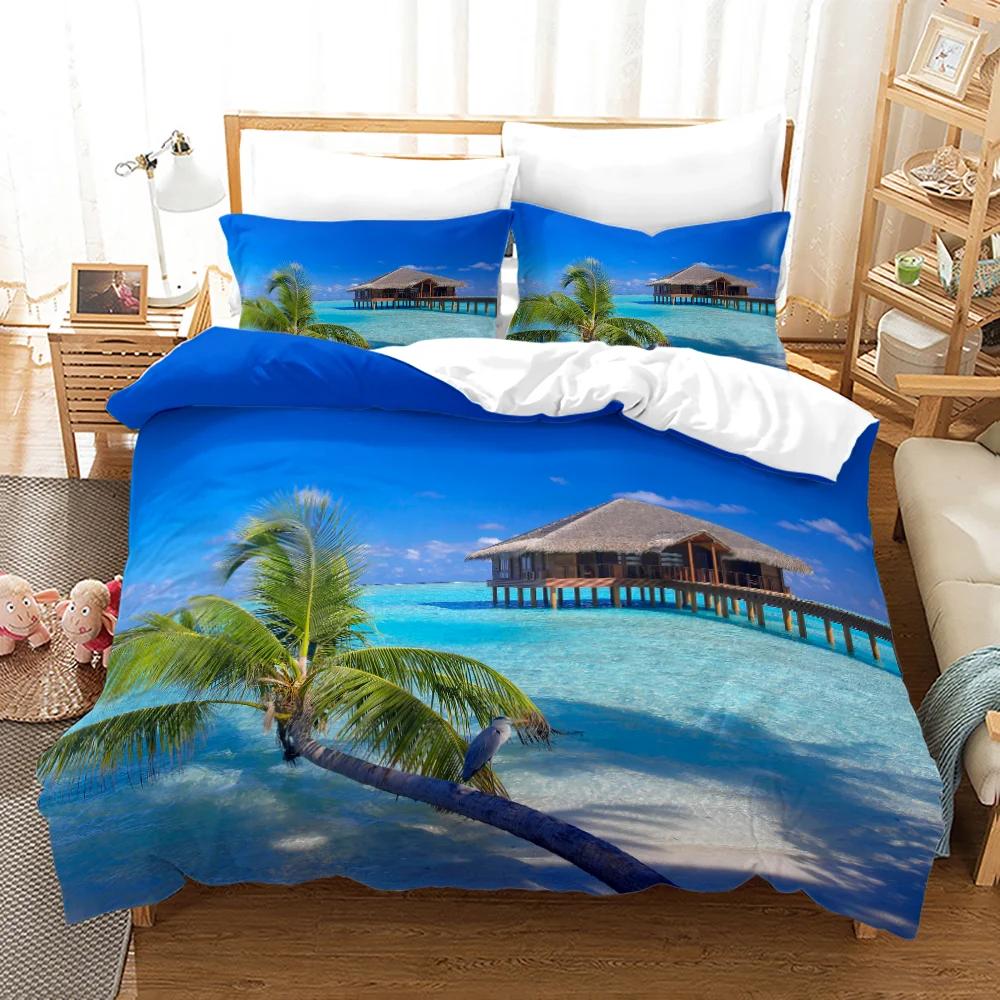 Beach Setting Sun Duvet Cover Set Tropical Island With The Palm Tree And Sea Beach Nature Theme Queen Size Quilt Cover