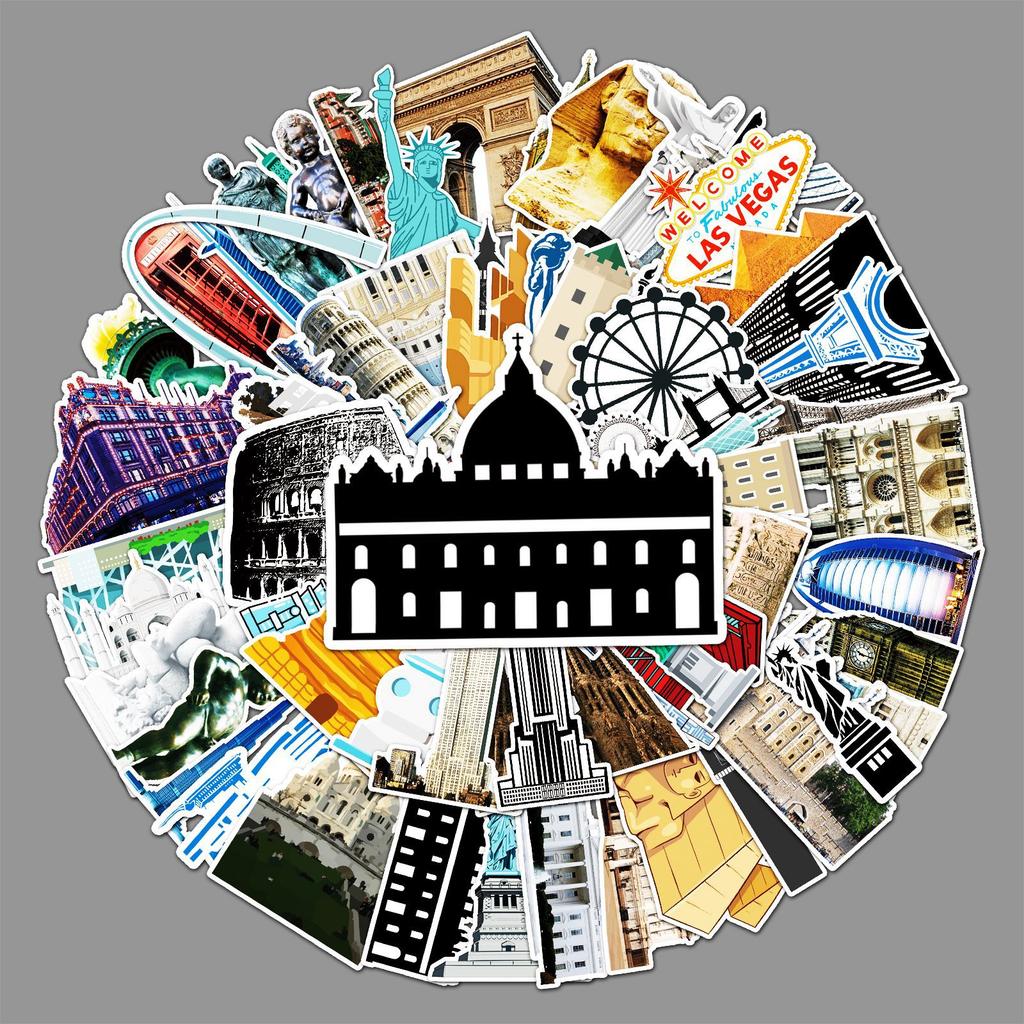 64 Landmark Building Graffiti Creative Laptop Bicycle Scooter Car Waterproof Decorative Stickers