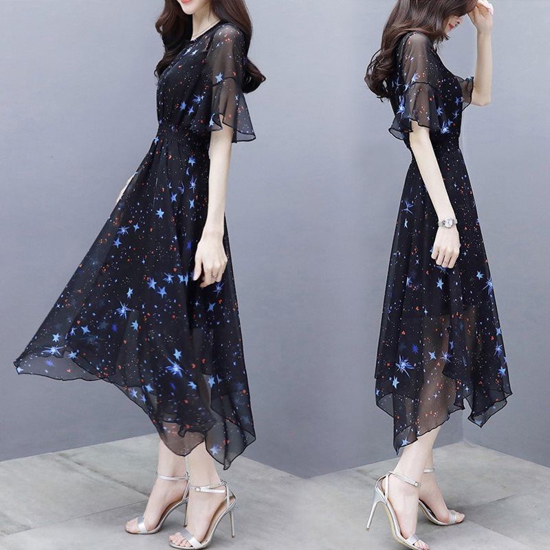 Large Women's Slim Slim Fragmented Chiffon Dress Slim Waist Over Knee Length Dress Sexy V-Neck Dress Comfortable Breathable Dresses