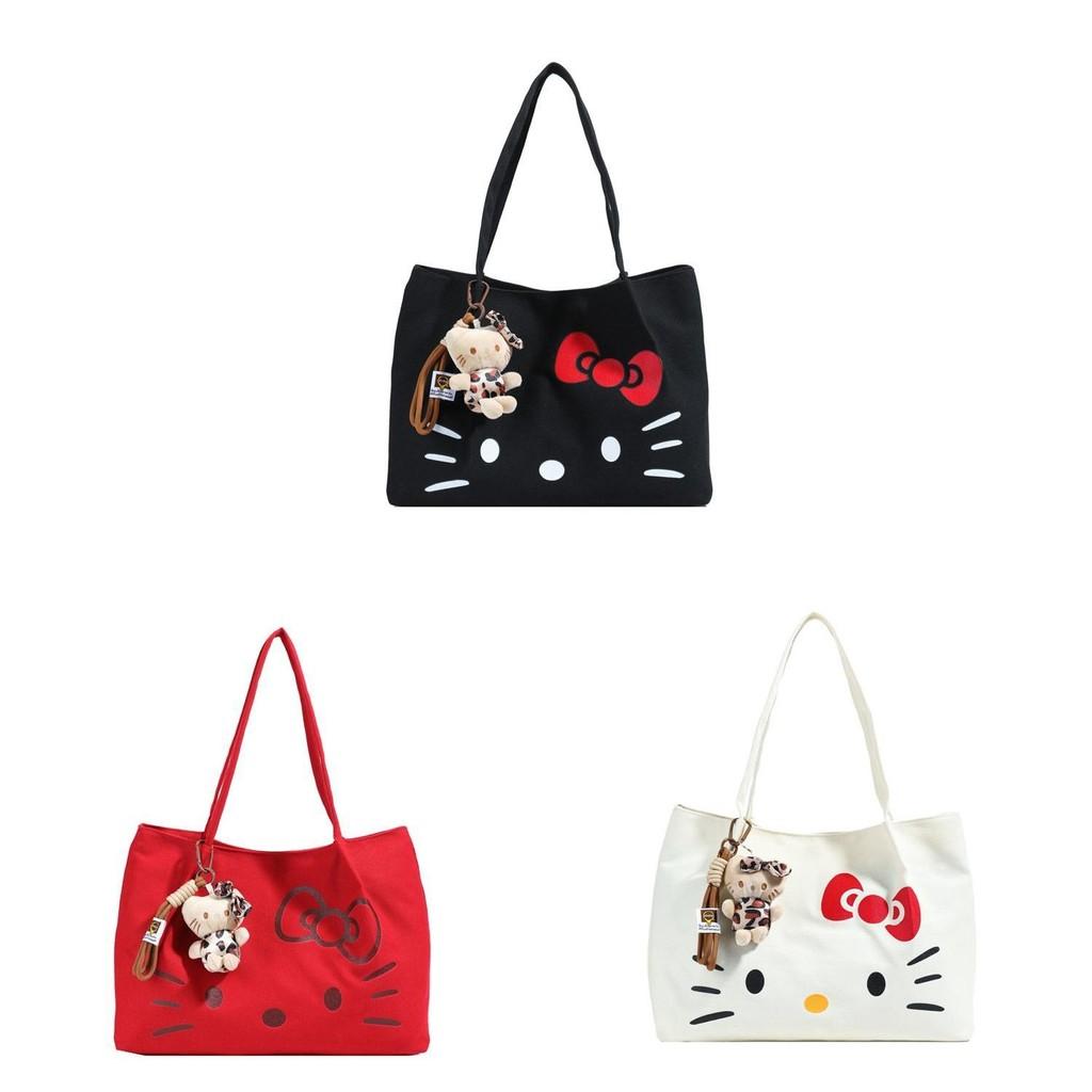 Hello Kitty Trendy Canvas Handbag With Durable Material And Double Shoulder Straps For Women