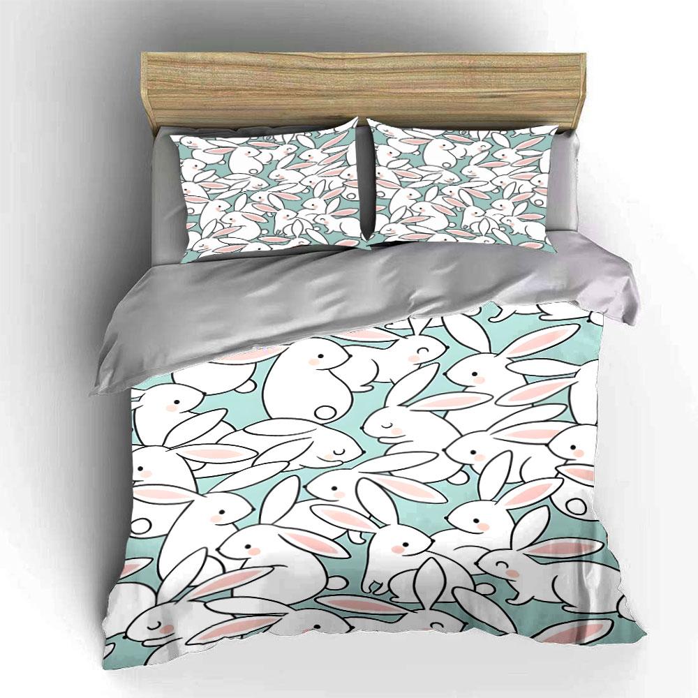 White Bunny Pattern Duvet Cover Set With 3D Printing Design Soft Polyester Bedding Set All-Season Comfort Machine Washable