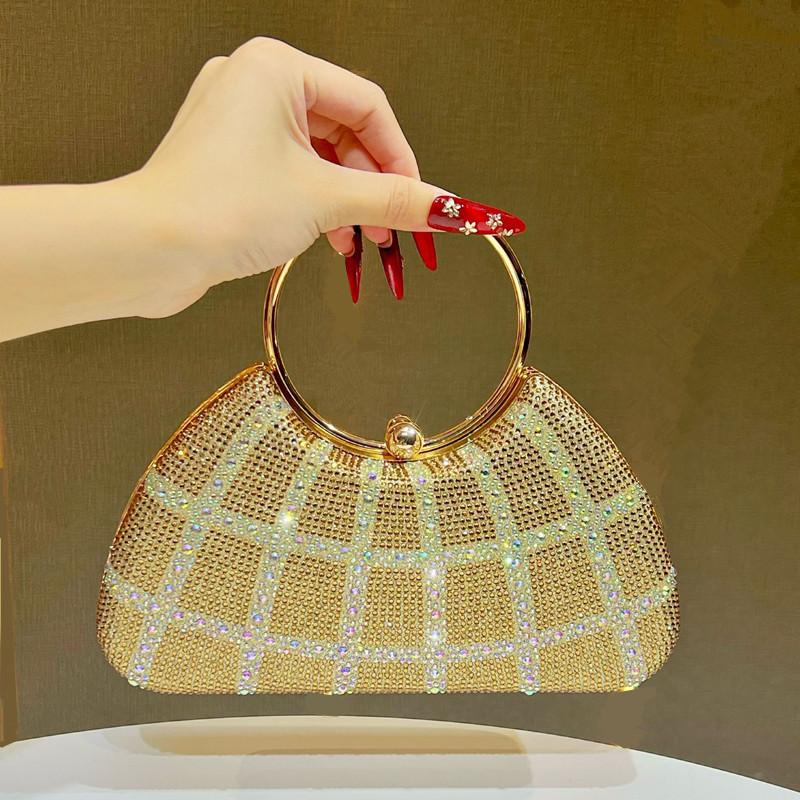 

2025 Luxury Shiny Rhinestone Evening Clutch Bag High End Trendy Full Diamond Metal Handle Handbag Women Wedding Dinner Dress Bag золотой