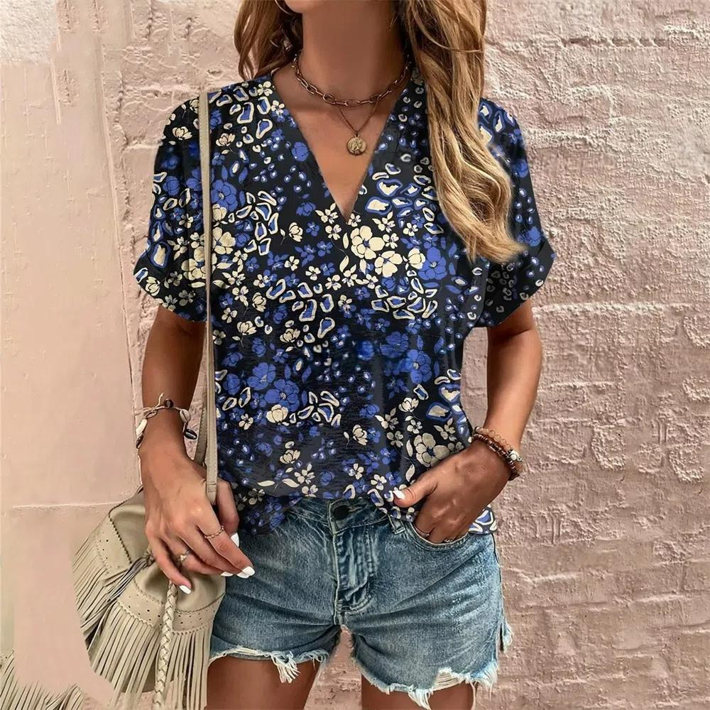 S-8XL Plus Size Crushed Flower Casual T Shirts Streetwear Casual Women's Short Sleeve Tops Tees V Neck T-shirt Fashion Clothing