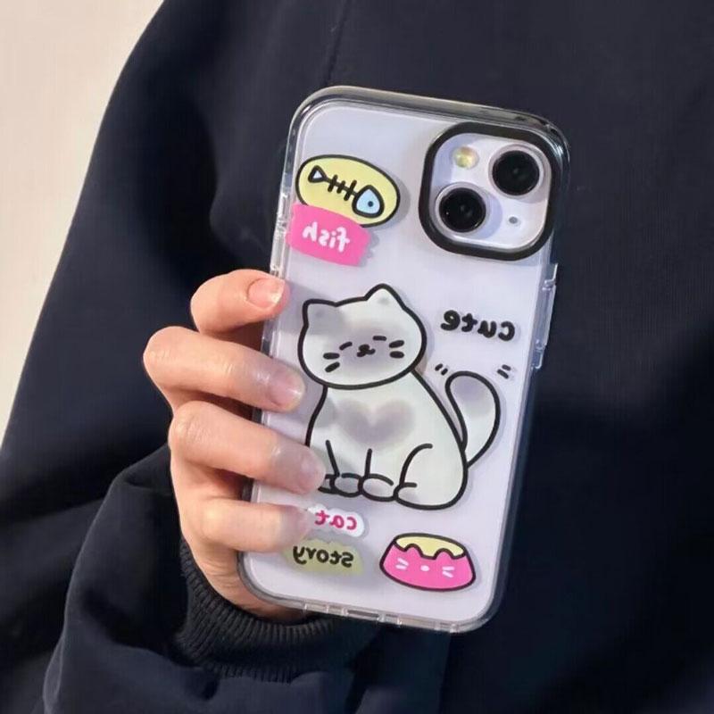 Fish Bone Lovely Little Cat Pattern Phone Case For iPhone 16 15 14 13 12 11 Pro Max XR XS 7 8 Plus Transparent Shockproof Cover