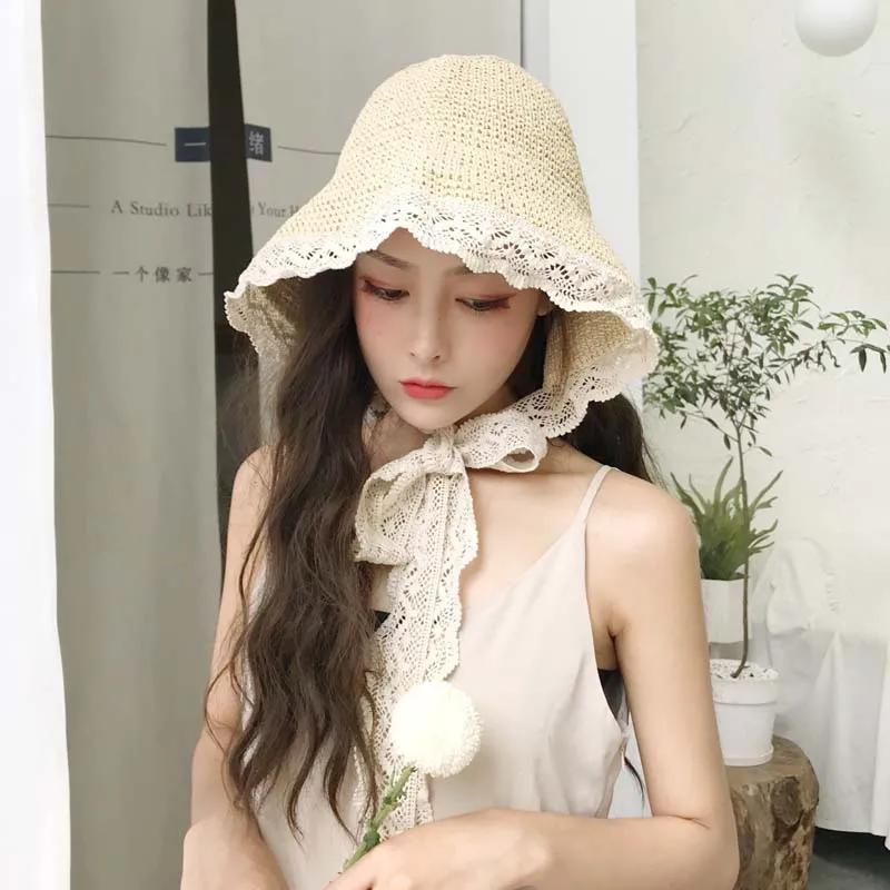 WTEMPO Retro Elegant Women's Lace Binding Strap Hollow-out Sun Hats Summer Beach Sunscreen Hats Wide Brim Foldable Soft Large Hats