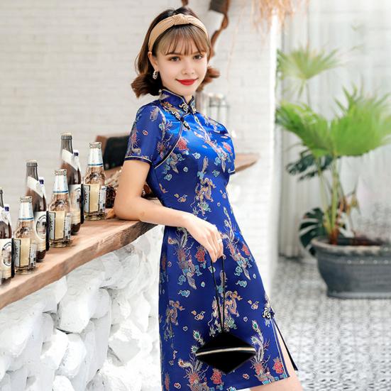 Damen Sommer Cheongsam Stehkragen Drache Phönix Print Geteilter Saum Qipao Slim Fit Retro Chinesischer Stil Über Knie Länge Hochzeit Party Cocktailkleid
