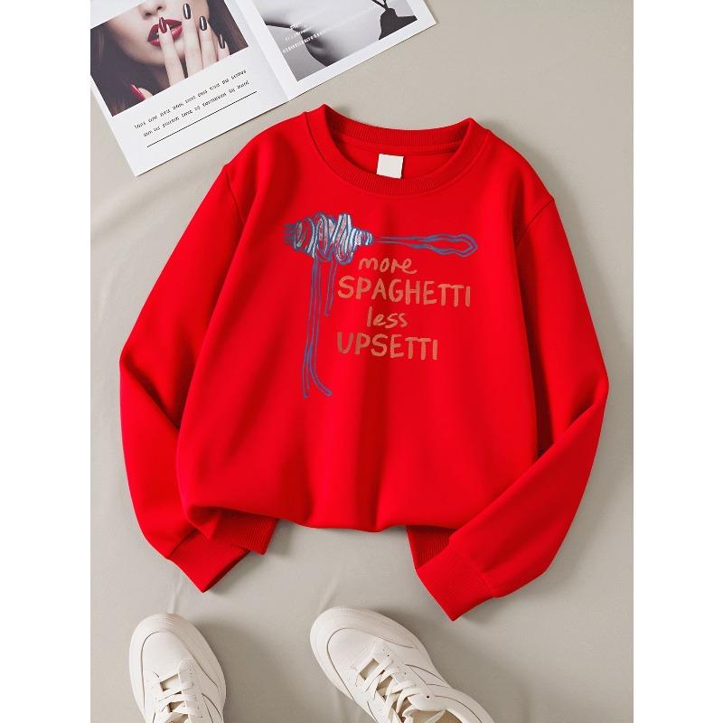 More Spaghetti Less Upsetti Girls' Crew Neck Fashion Sweatshirt, Autumn and Winter Western Style Top, Children's Long Sleeved T-shirt,