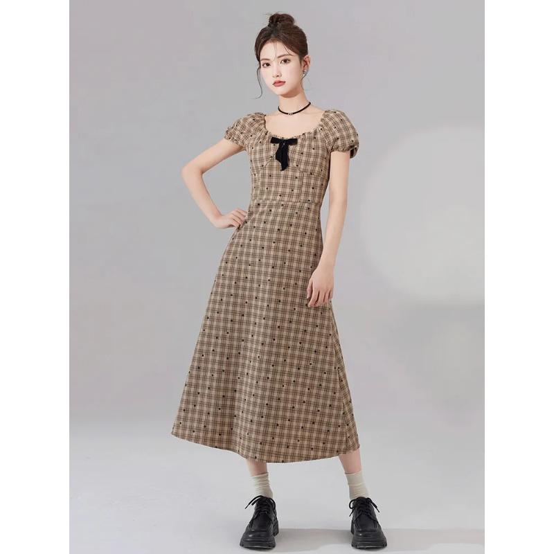 Womens Plaid Polka Dot Square Neck Puff Sleeve Midi Dress S бежевый
