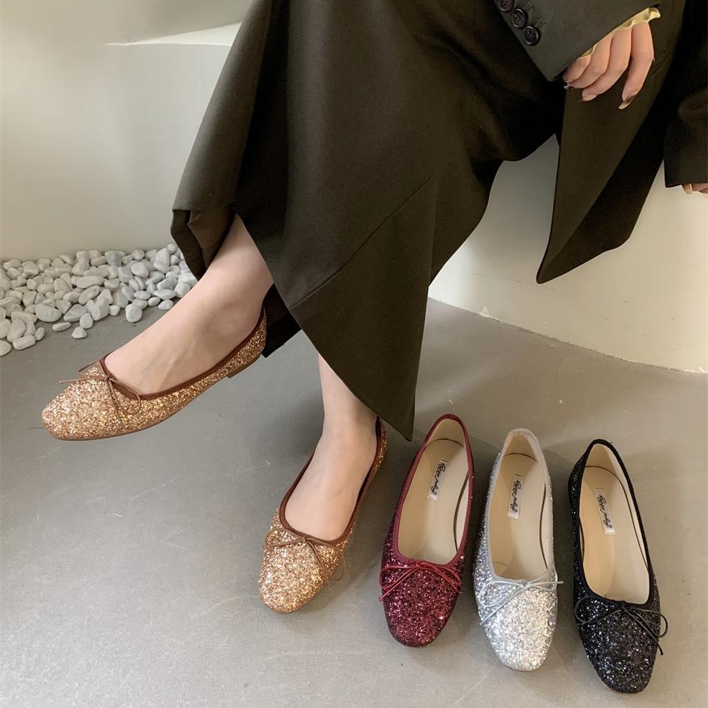 Fairy shoes gentle single shoes spring 2025 new shallow mouth round head bow sequined soft sole one pedal Doudou shoes