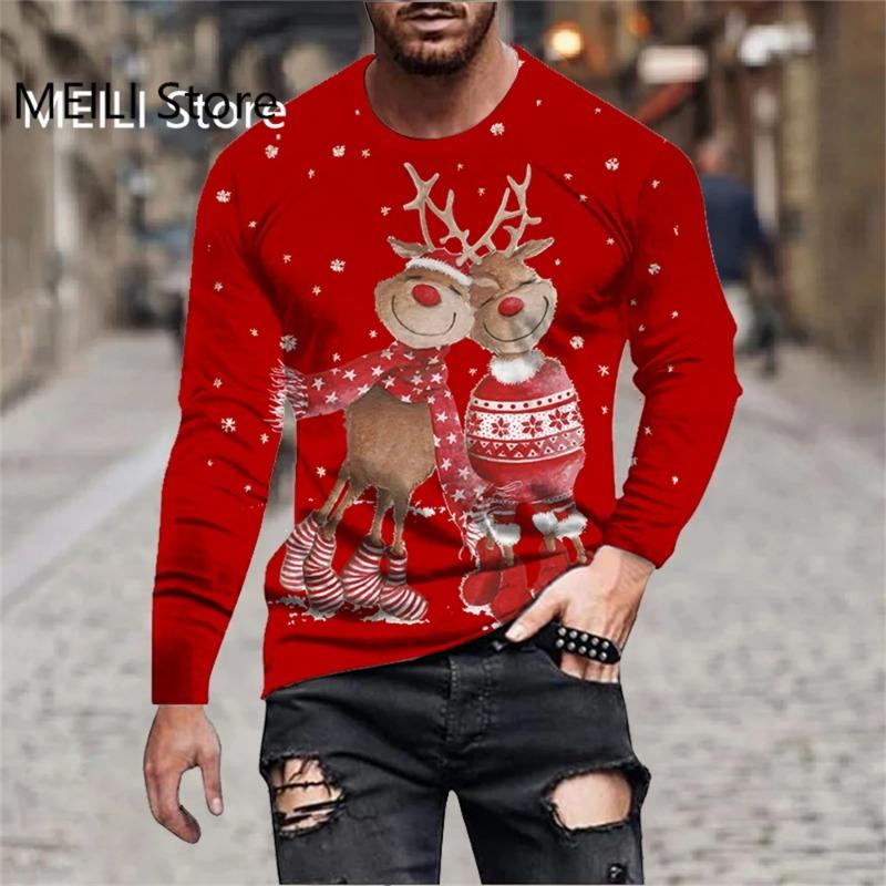 Men's T-Shirts Christmas Funny Reindeer Print Tees Casual Streetwear Long Sleeve T Shirt Pullover Harajuku Top Men Clothing