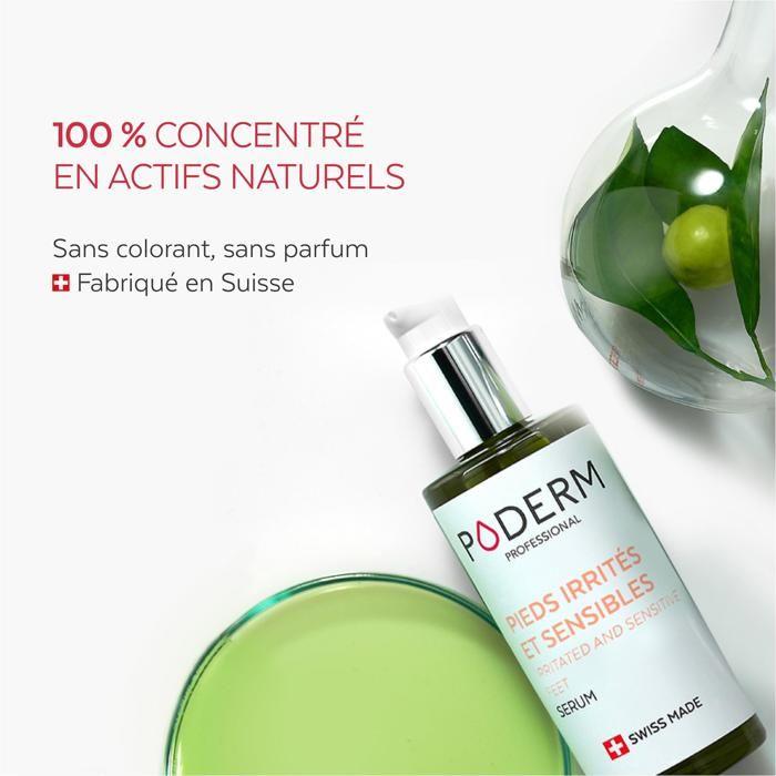 PODERM • PIEDS IRRITÉS ET SENSIBLES • Répare et apaise les irritations cutanées en 24h • Enrichi en Tea Tree • Swiss Made