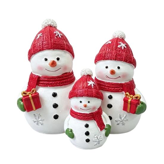Seasonal Home Decor Christmas Resin Snowman Figurine, Cute Family of 3 Statue with Santa Holiday Mantel Hat, Red Scarf, Tabletop Ornament for