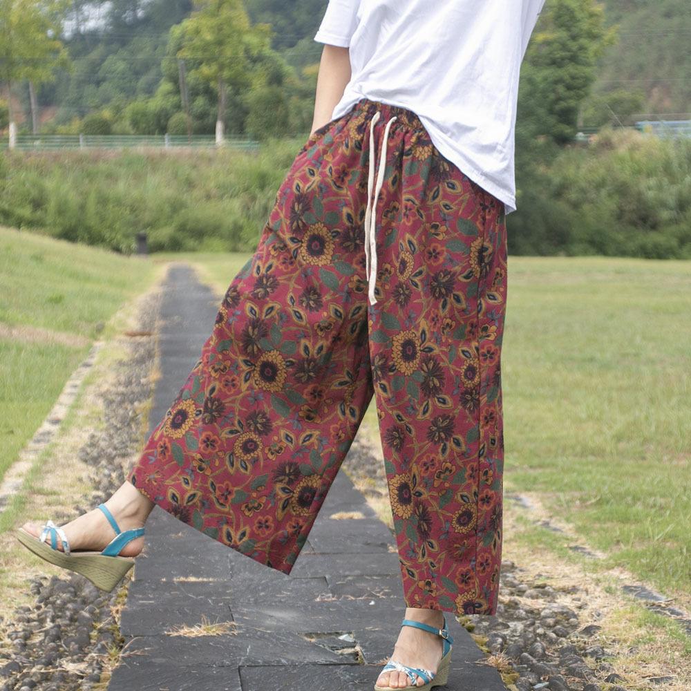 Sommer Lockere Vintage Hose für Damen Baumwolle Leinen Retro Ethno Stil Weitbein Hose Elastischer Bund Cropped Hose