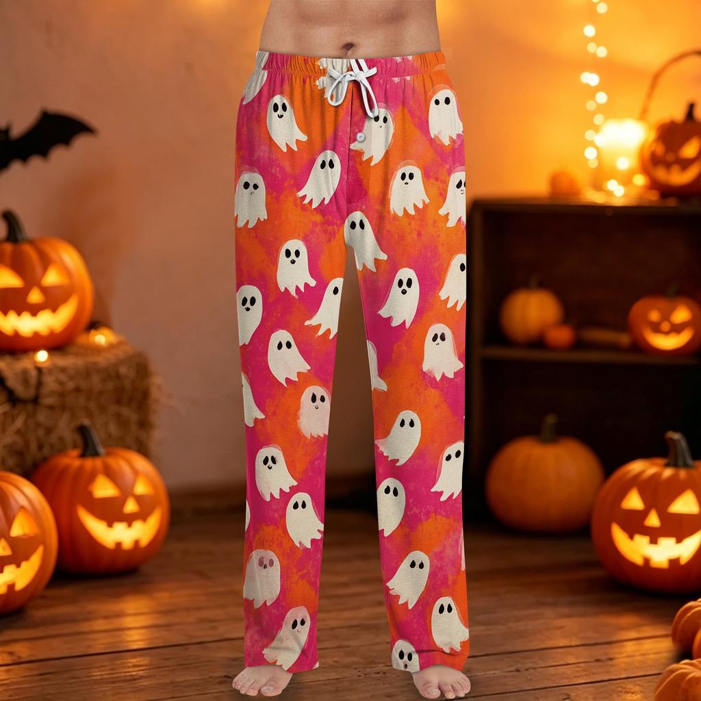Men Drawstring Waist Halloween Print Casual Pants Relaxed Fit Long Trousers with Pumpkin and Bat Pattern for Daily Wear