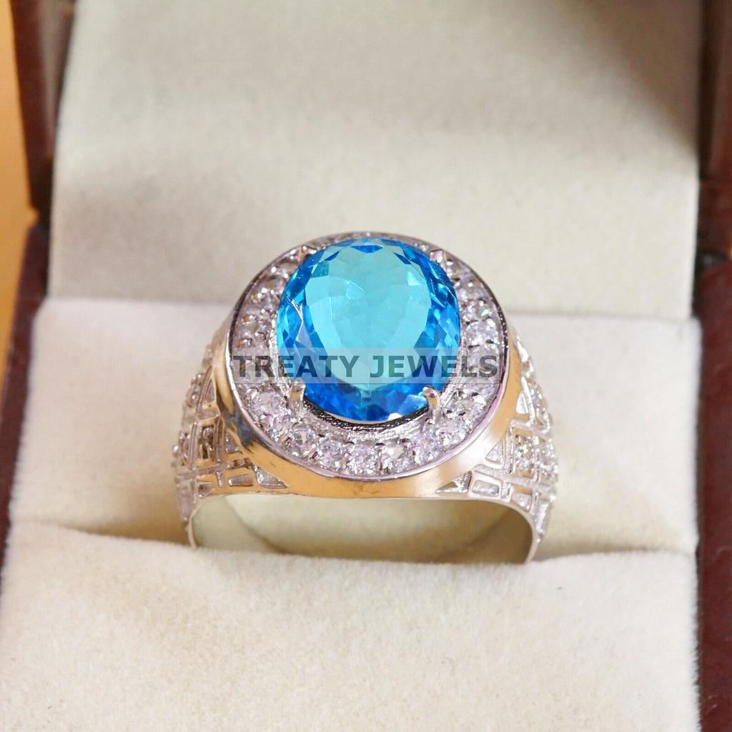 Blue Topaz Oval Cut Gemstone With 925 Sterling Silver Ring For Men's #A861 JL375669003503