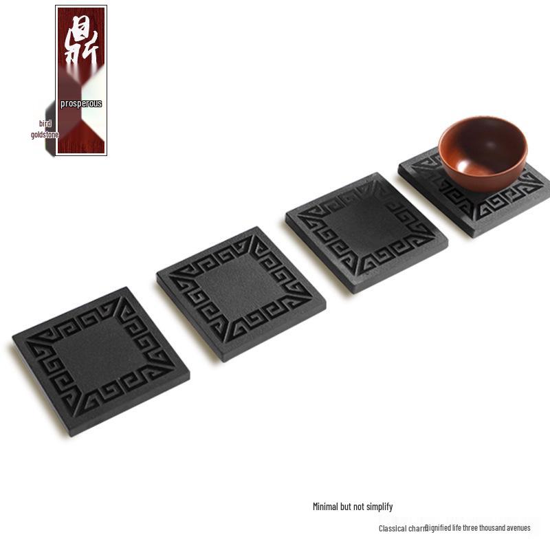 Hand-Carved Natural Stone Tea Set: Obsidian Teacup Rack, Tray, and Coaster
