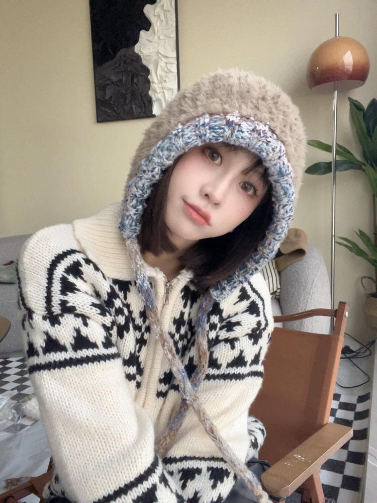 Autumn and Winter New Plush Ear Protection Bag Head Hat Women's Warm Versatile Wool Knitted Hat Mixed Color Drawstring