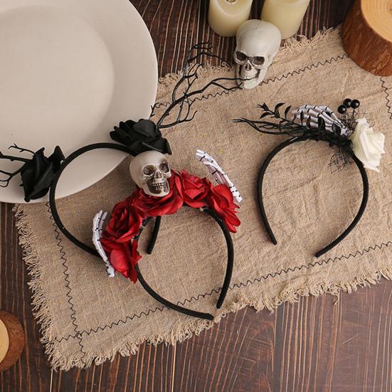 Halloween Blumen Stirnband für Frauen Gothic Rose Totenkopf Skelett Hand Kopfschmuck Floral Cosplay Verkleidungsaccessoire für Halloween Partys Veranstaltungen