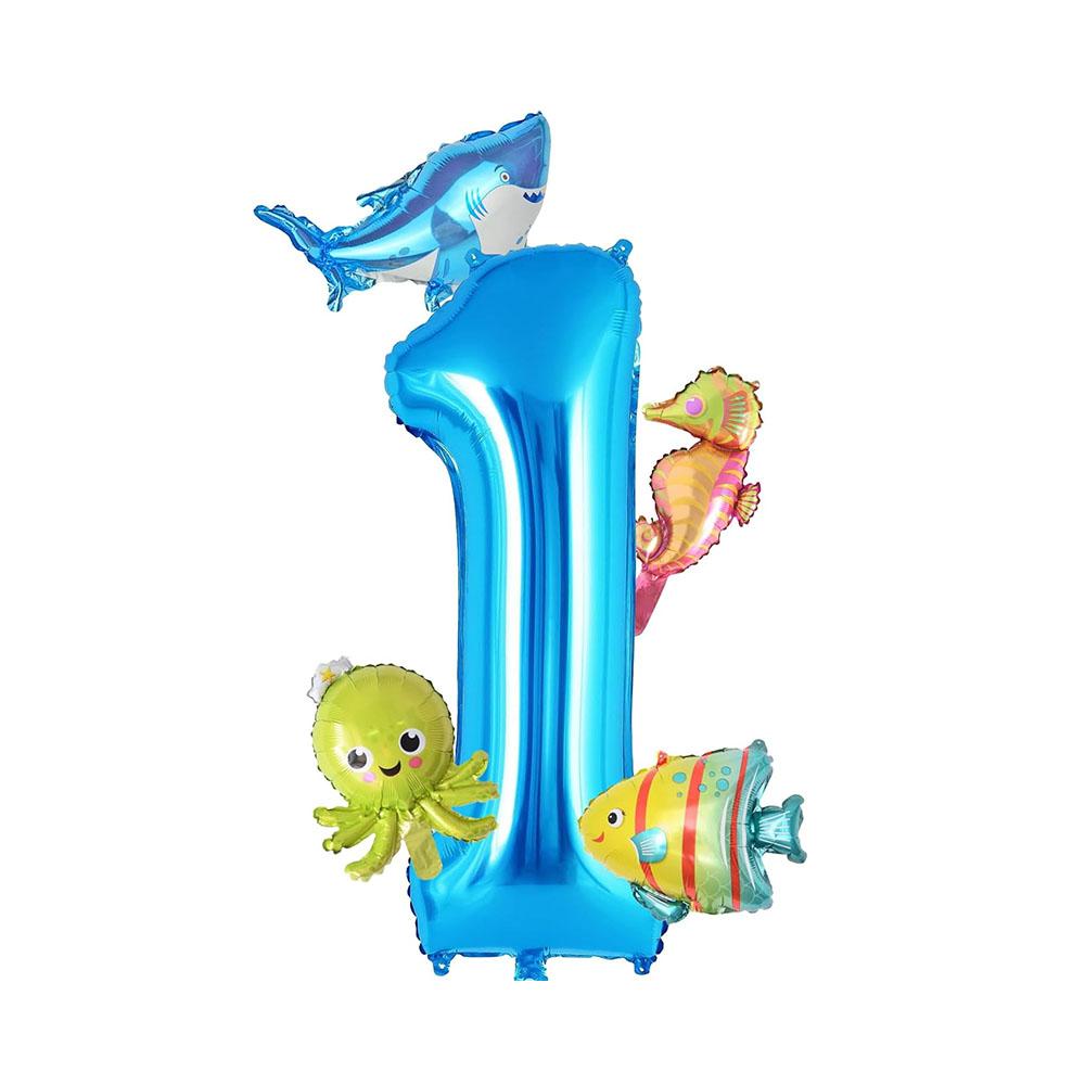 5pcs Mini Sea Animals Balloons Set 40inch Blue Number 0-9 Balloon Octopus Seahorse Fish Foil Balloons Birthday Party Decoration
