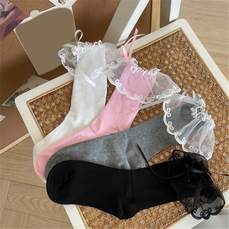 Fashionable Ruffle Mesh Splicing Ankle Socks with Bows Detail Breathable Elegant Solid Color Middle Tube Socks for Women