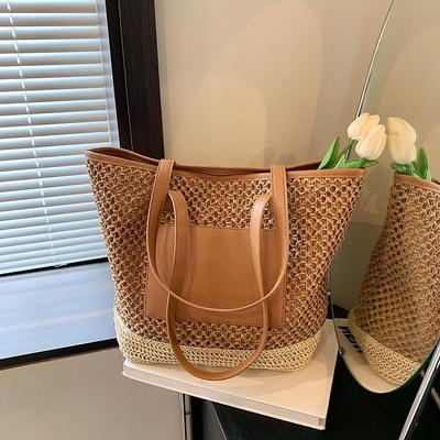 Gehäkelte Strandhandtasche für Damen, PU-Patchwork, Weberei, Reisetasche, Kontrastfarbe, einfache Umhängetasche, Damen, Sommer, Alltagstasche