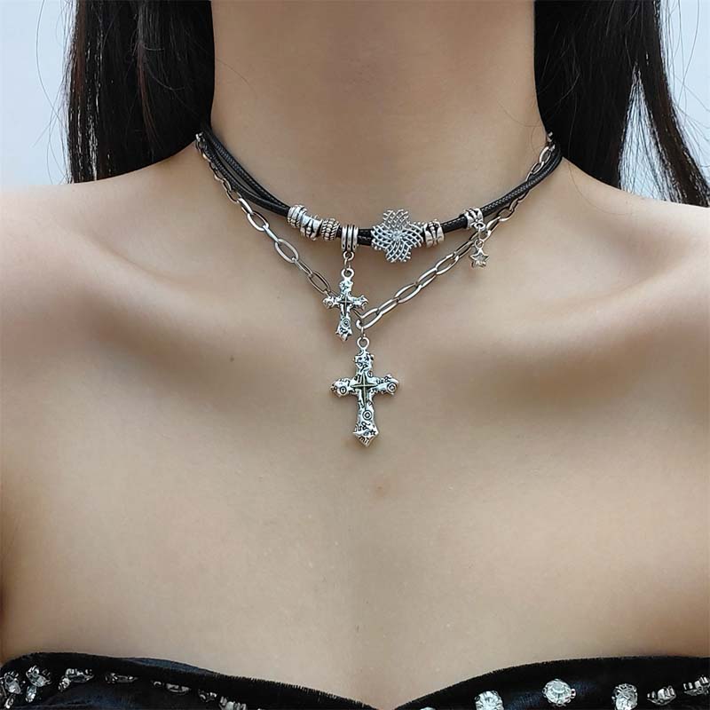 Punk Silver Color Cross Pendant Necklaces for Women Vintage Metal Double Layered Choker Necklaces Party Jewelry Gifts