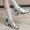 French Silver Mary Jane Shoes For Women Summer Elegant Low Heel Dress Footwear