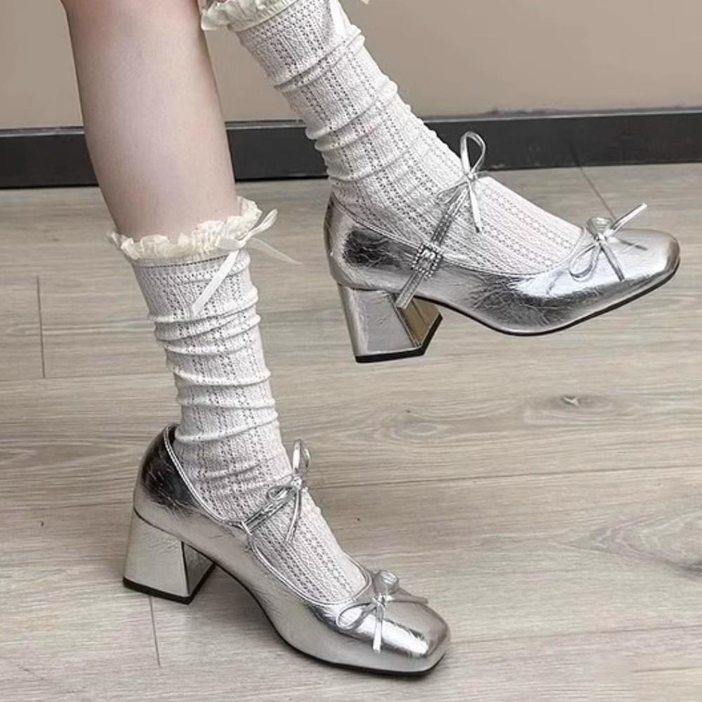French Silver Mary Jane Shoes For Women Summer Elegant Low Heel Dress Footwear