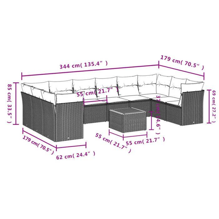 VidaXL Salon de Jardin avec Coussins 11 pcs, Canapés de Patio, Ensemble de Meubles, Mobilier de Terrasse Exterieur, Gris 3256166