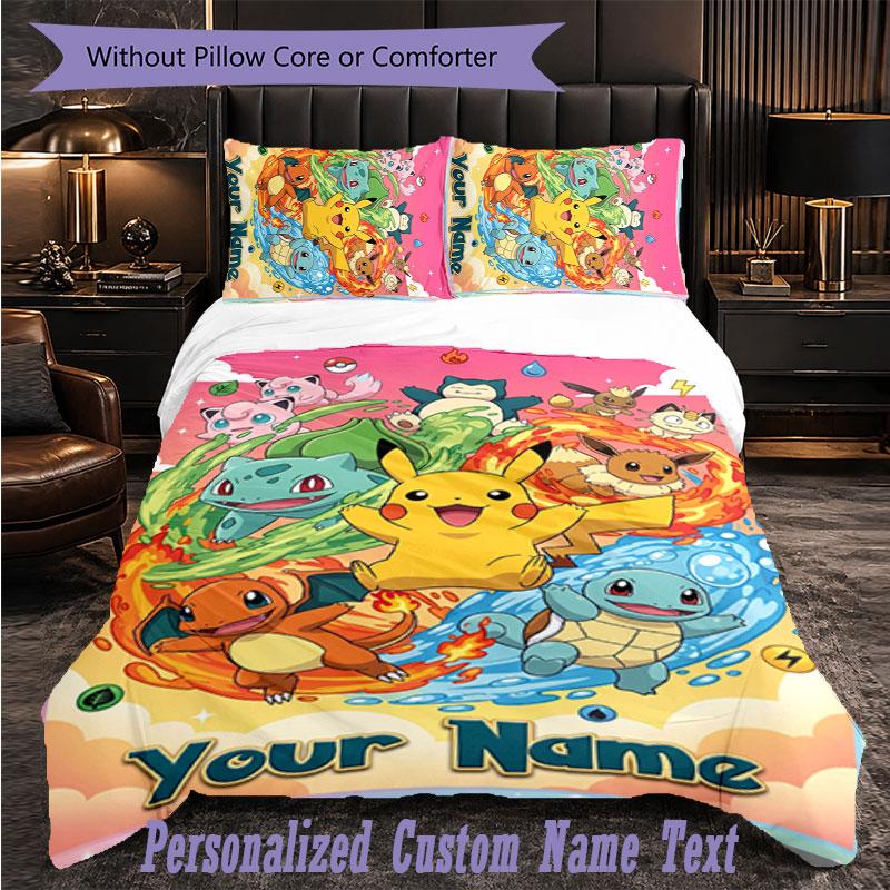 Personalized 3Pcs Bedding SetPokémon Custom Text Duvet Cover Pillowcase Set Bedroom Gift