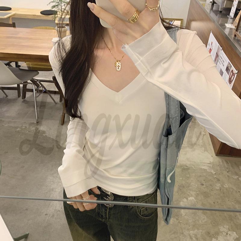 2026 Autumn/Winter Women s White V-Neck Slim Long-Sleeve Top M белый