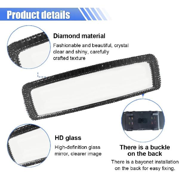 Bling Car Rear View Mirror, Clip-On Rhinestone Car Rearview Mirror With Crystal Diamonds, HD Glass Auto Interior Rear View Mirror, Car Decoration