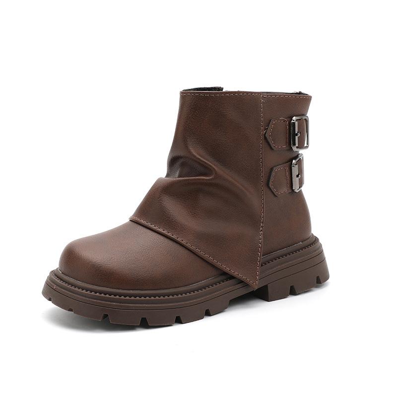 Children New Leather Boots Solid Color Girls Boots for Winter Thick Bottom Plush Fashion Patchwork Versatile Kids Cotton Boots