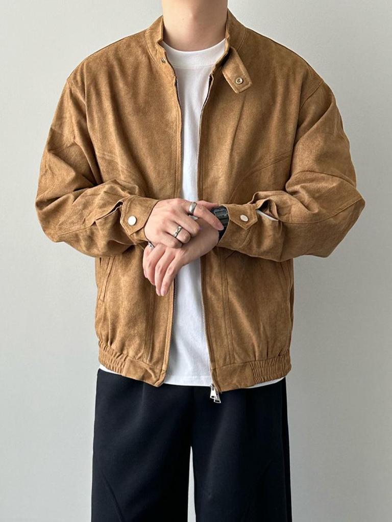 Retro Stand Collar Harrington Jacket for Couples – Solid Color, Loose Fit, Casual Bomber Style