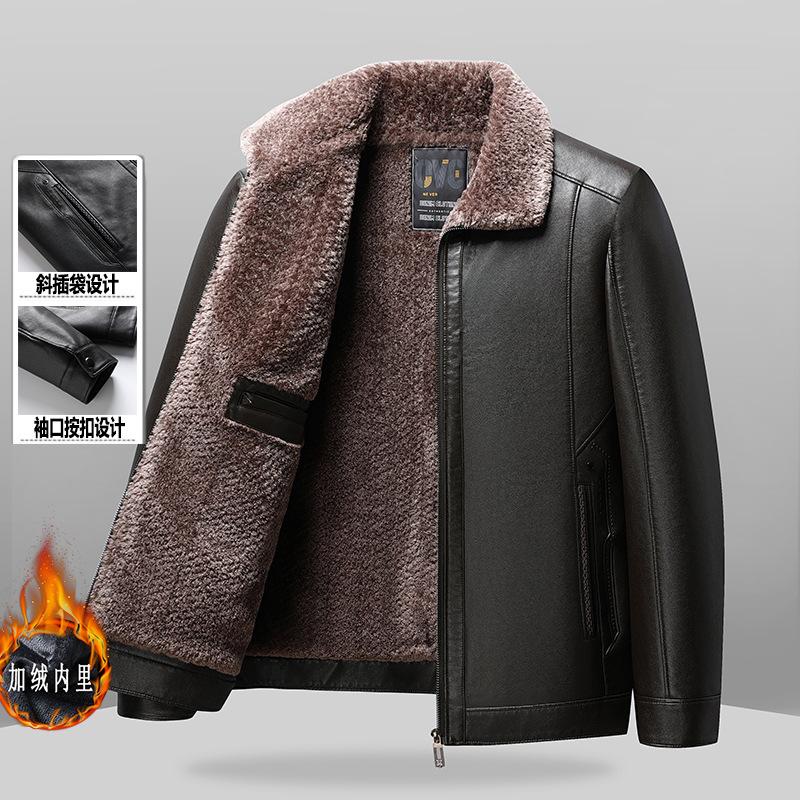 Men's velvet thickened lapel leather jacket autumn and winter new men's clothing medium and old dad high-quality coat