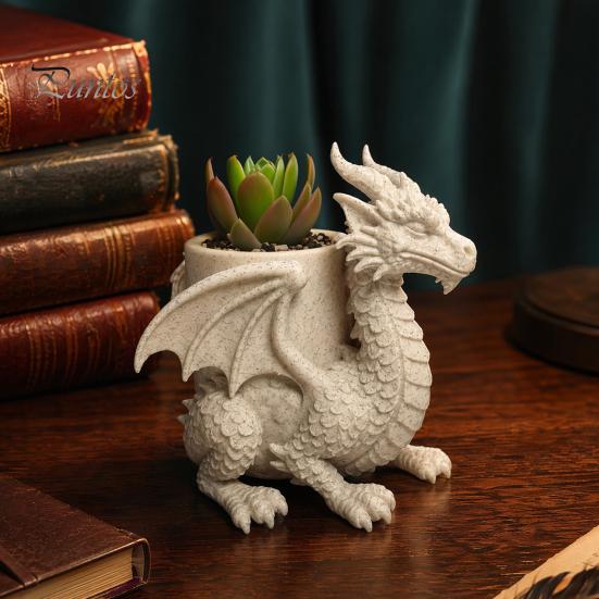 Dragon Desk Planter 3D Printed Planter, Creative Flower Pot with Storage, Artistic Three-dimensional Sculpture Figurine Decor for Home Office, Unique