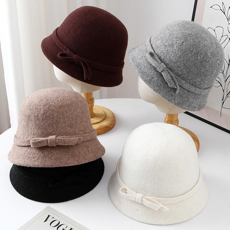 Hepburn style wool bucket hat female French retro autumn and winter temperament elegant daughter celebrity versatile bow basin