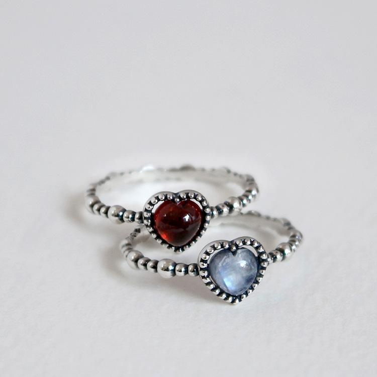47Bag 925 Silver Moonstone Garnet Heart Gemstone Ring Cuore