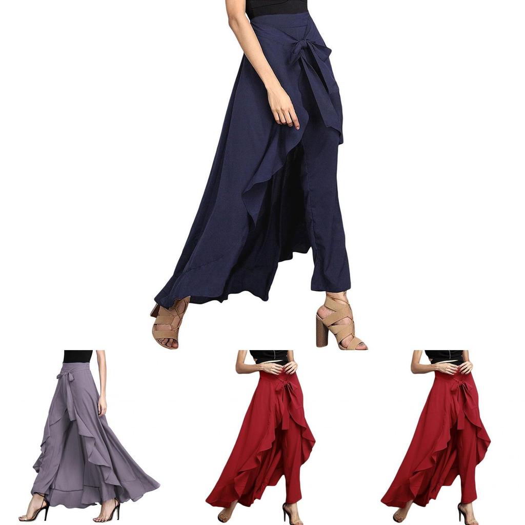 Ankle Women Length Chiffon Tiewaist Ruffle Color Long Palazzo Pure Pants