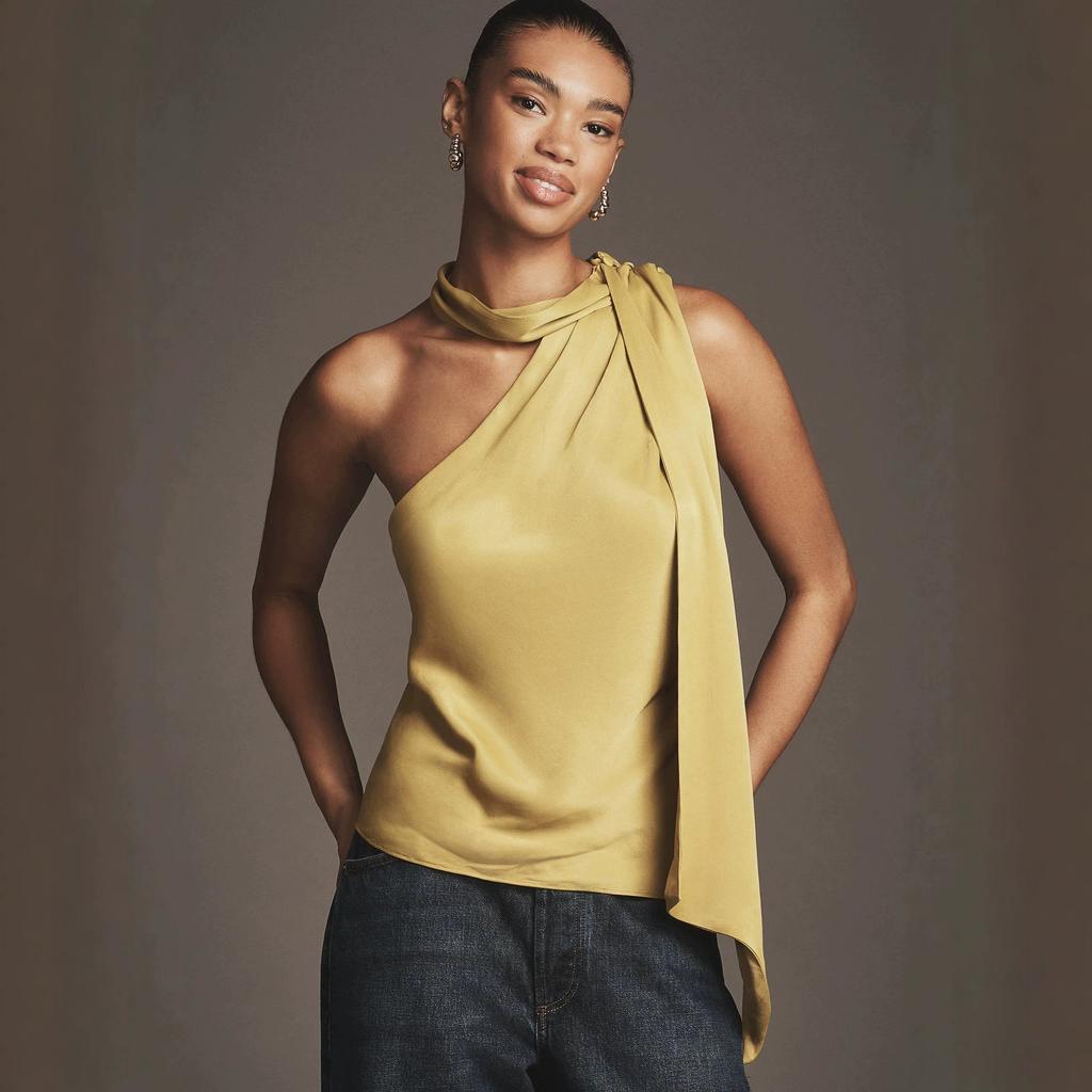 European and American style high-end satin neck slanted shoulder top temperament streamer design backless temperament sleeveless outer vest