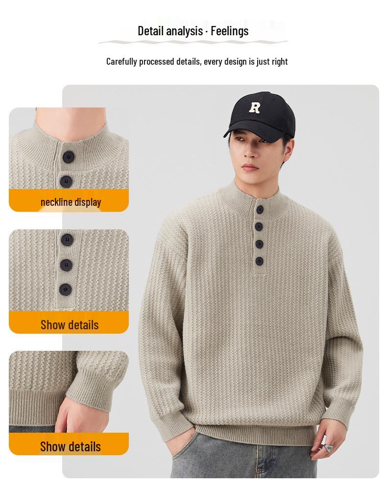 Men's Retro Knit Stand Collar Pullover - New Autumn/Winter Arrival, Versatile, Trendy, Loose Fit Sweater with Buttons