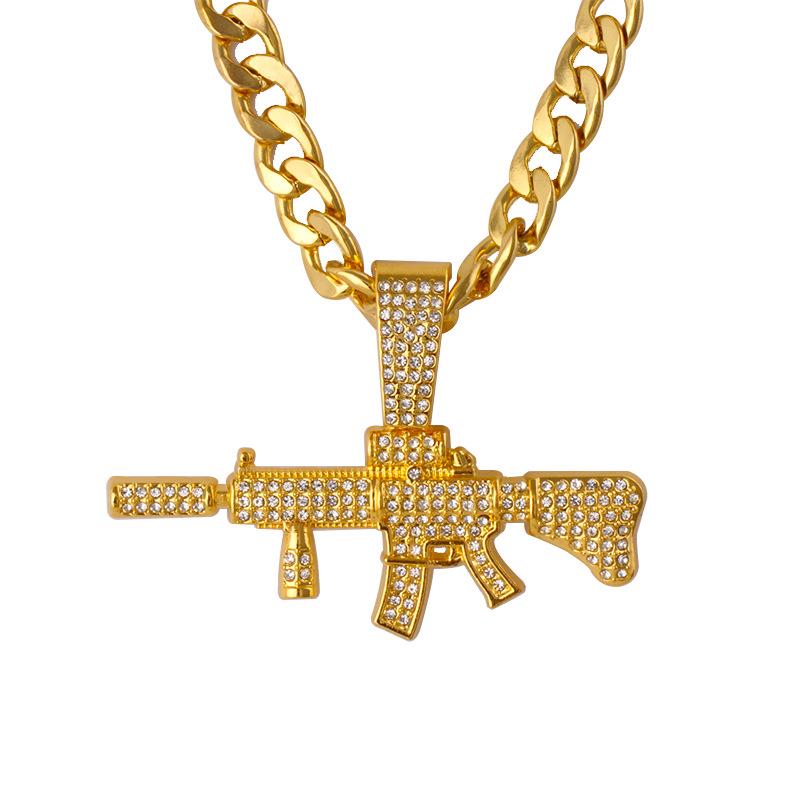 European & American Punk Hip Hop Gun Pendant Necklace with Diamond Accents – Trendy Clubbing Accessory
