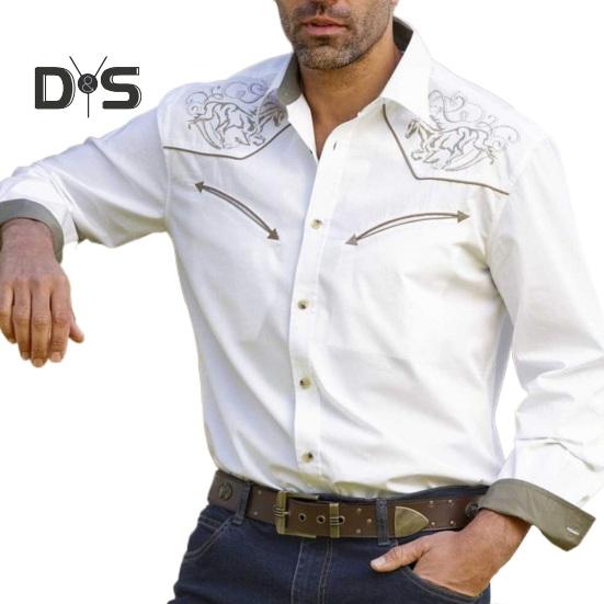 Men Spring Shirt Vintage Western Cowboy Print Single-breasted Slim Fit Long Sleeve Turn-down Collar Buttons Streetwear Casual Business Cardigan Shirt