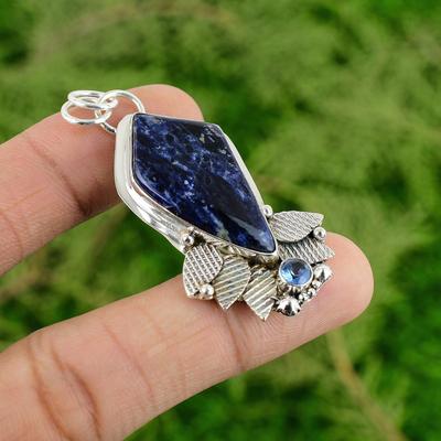 Daughters Day Sale 925 Silver Natural Sodalite Tanzanite Quartz Pendant Jewelry