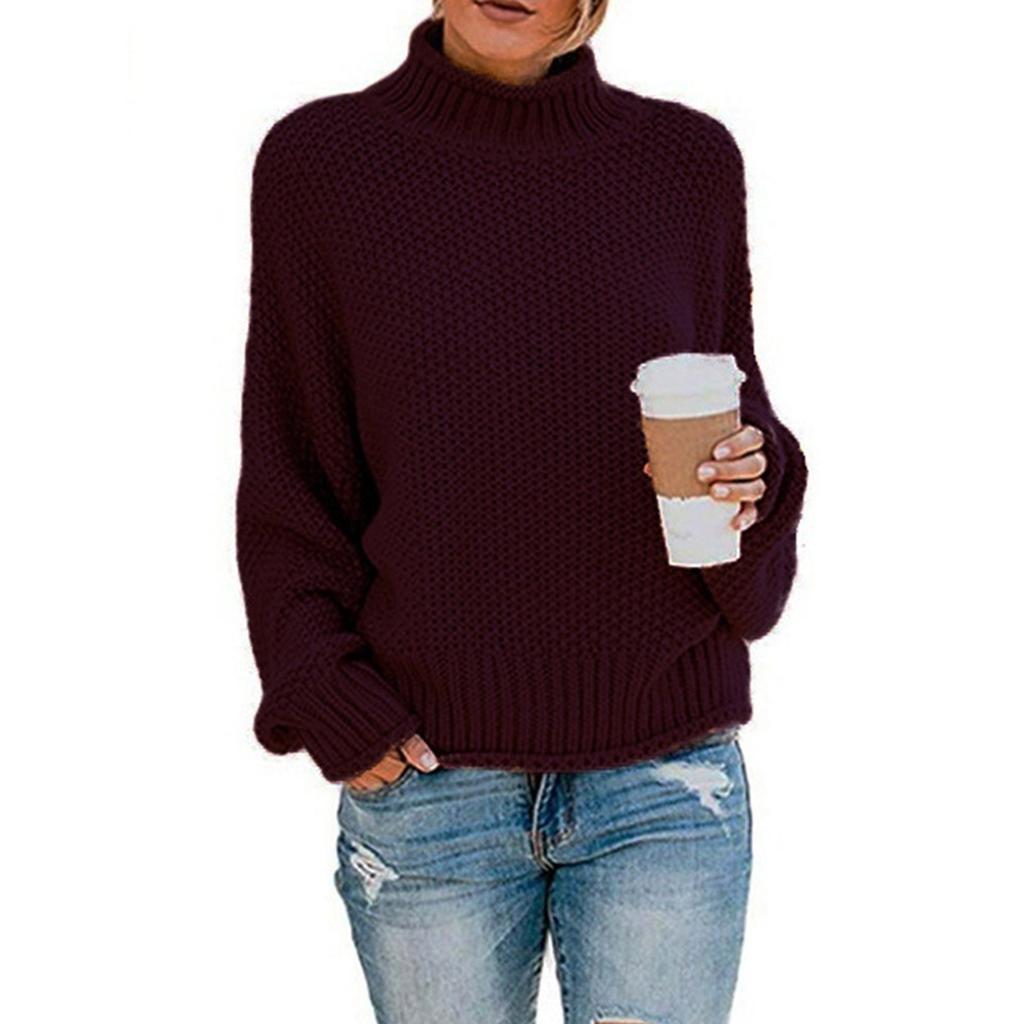 Women's High Neck Solid Color Sweater Casual Stripe Pullover Long Sleeve Sweater