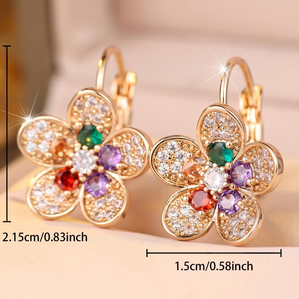 Cute Gold Tone Flower Earrings Multi-Color Zircon Statement Jewelry Gift for Women Party