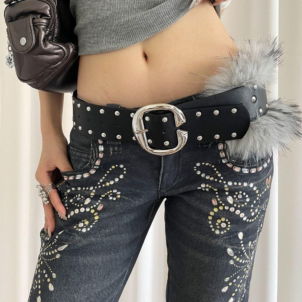 Rivet Leather Fur Belt Faux Fur Plush Belt Vintage Y2K Waistband  Daily