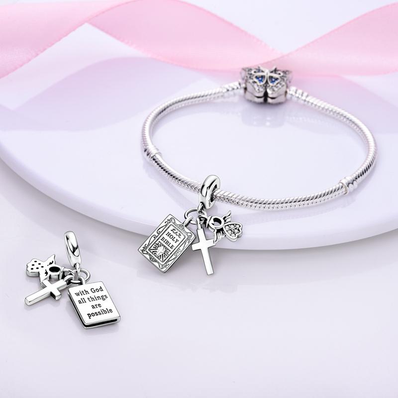 925 Silber Kreuz Herz Drehend Teufelsauge Jesus Engel Anhänger Charm Perle für DIY Armband Schmuck Geschenk für Frauen